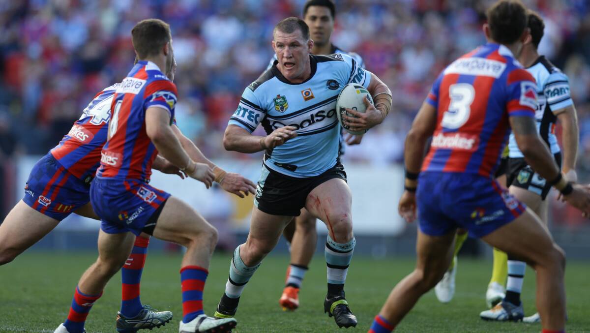 Paul Gallen charges into Newcastle's ruck during his playing days with Cronulla. Picture by Jonathan Carroll