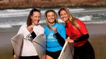 Sammy Paul, Fredrikke Mundal and Sarah Moore at the 2024 Guns, Hearts and Hoses surf comp. Picture by Peter Lorimer