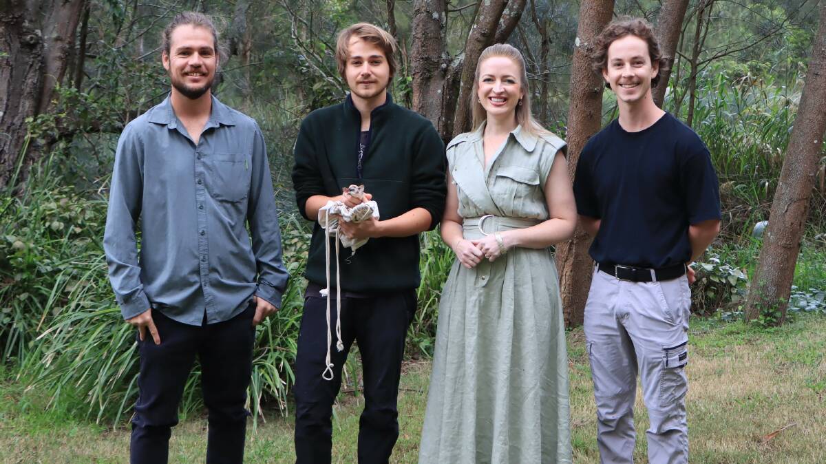 University of Newcastle's Ryan Witt, Sam Hayley, Cr Elizabeth Adamczyk and Oliver Brynes at Richley Reserve as part of the Squirrel Glider research project.