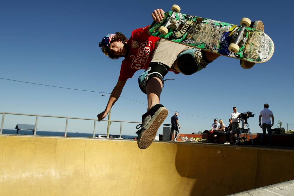 CONCRETE KING:  Nitro Circus skateboarder Beaver Fleming in action at Newcastle. Picture: Jonathan Carroll