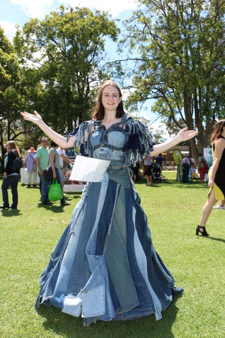 NEW PURPOSE: Lucy Scott of Upcycle Newcastle models a denim dress made entirely from recycled jeans. Picture: David Stewart