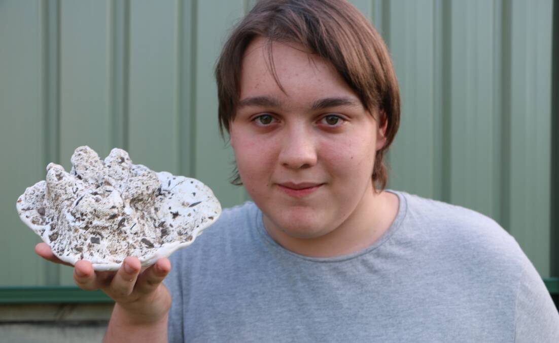 BIG FOOT: Jack Tessier, 16, with the plaster cast of the Wyee paw print that has the hallmarks of a large predatory cat, such as a panther. Picture: David Stewart