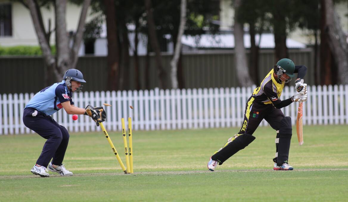 GOT HIM: Toronto's Griffin Lea loses his off stump to the impressive seam bowling of Isaac Smith at Ron Hill Oval on Saturday. Smith rattled the stumps three times in claiming 4-19. Picture: David Stewart