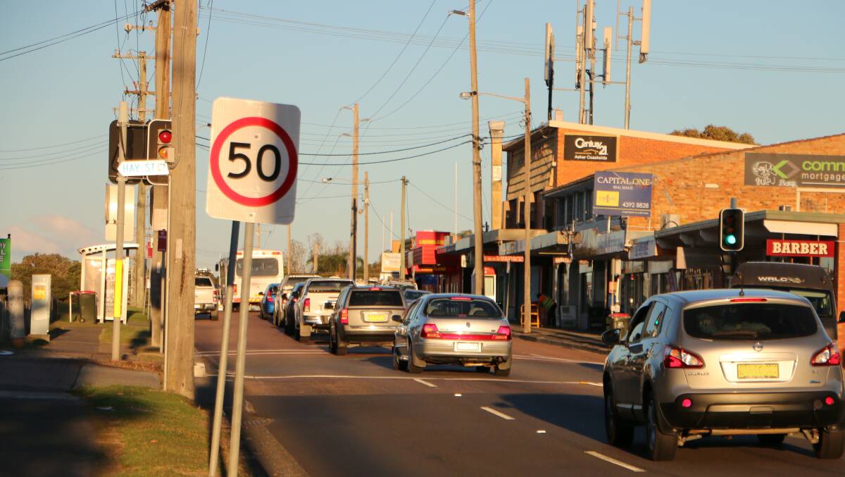 DANGER ZONE: It's already a 50km/h area, but traffic on this section of Wallarah Road, outside the shops at Gorokan, could be asked to slow to 40km/h. Picture: David Stewart