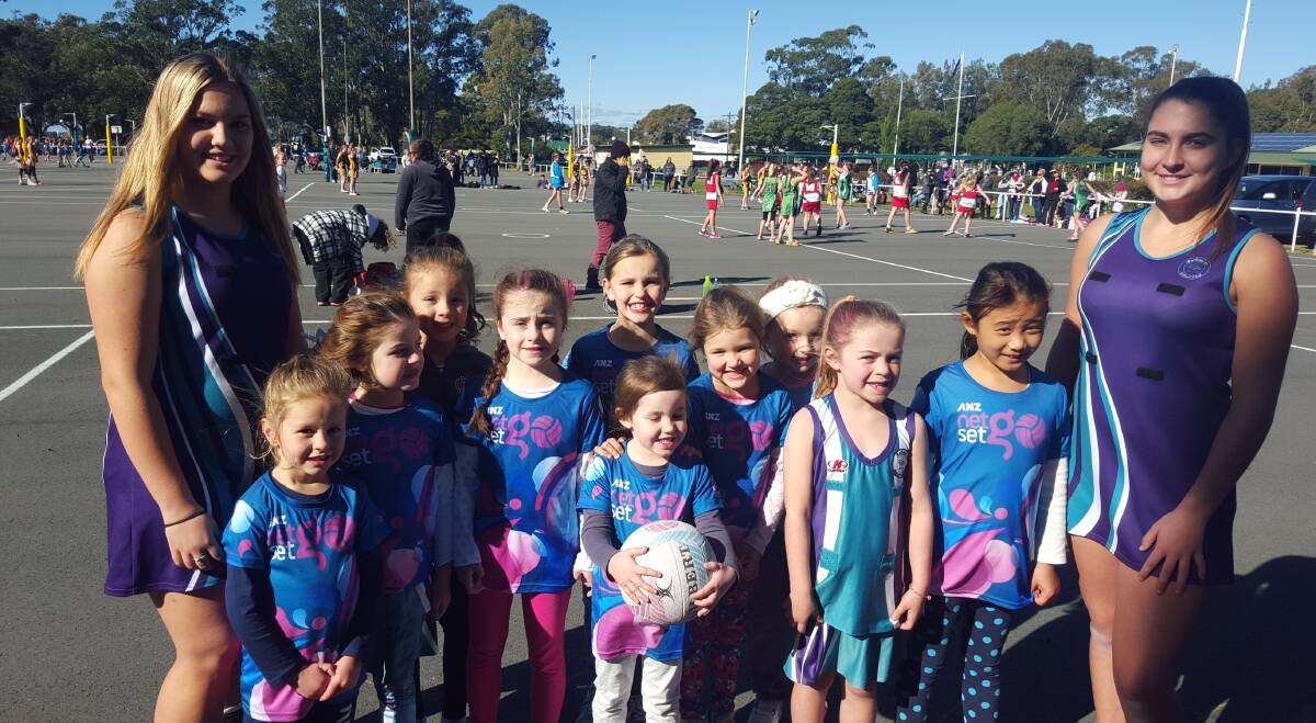 JUST LEARNING: Westlakes Netball Association hosts the Net Set Go program at its courts at Wangi Wangi on Saturdays. The young group is pictured with co-coaches Sami Shiels, left, and Fallan Porter. Picture: Supplied