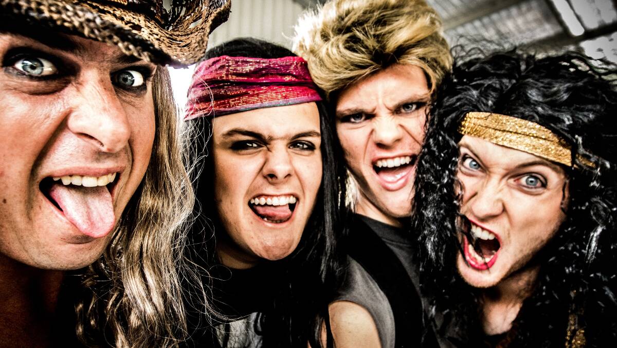 NOW HAIR THIS: From left, Scott Osborne, Connor Logan, Luke George and Declan Green star in the comedic rock musical 'Rock of Ages'. It opens at The Art House on Friday night. Picture: Melanie of Third Corner Photography