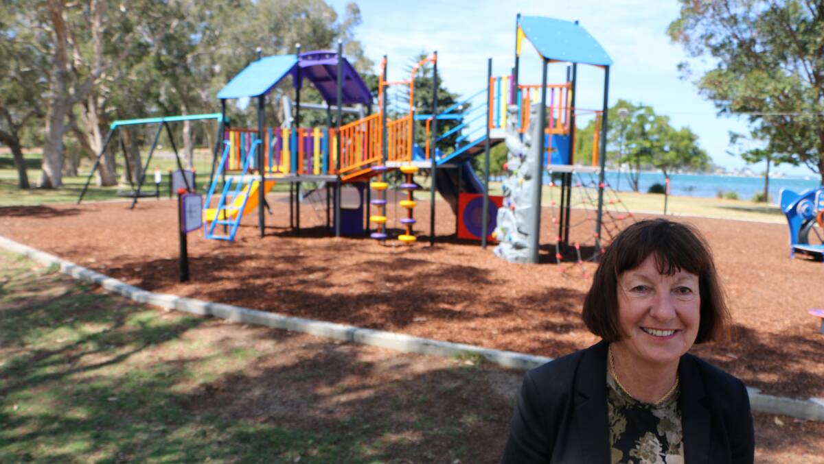 Mayor Kay Fraser at the new Rathmines Park playground installed this year. The original playground had been destroyed by fire. Picture: David Stewart
