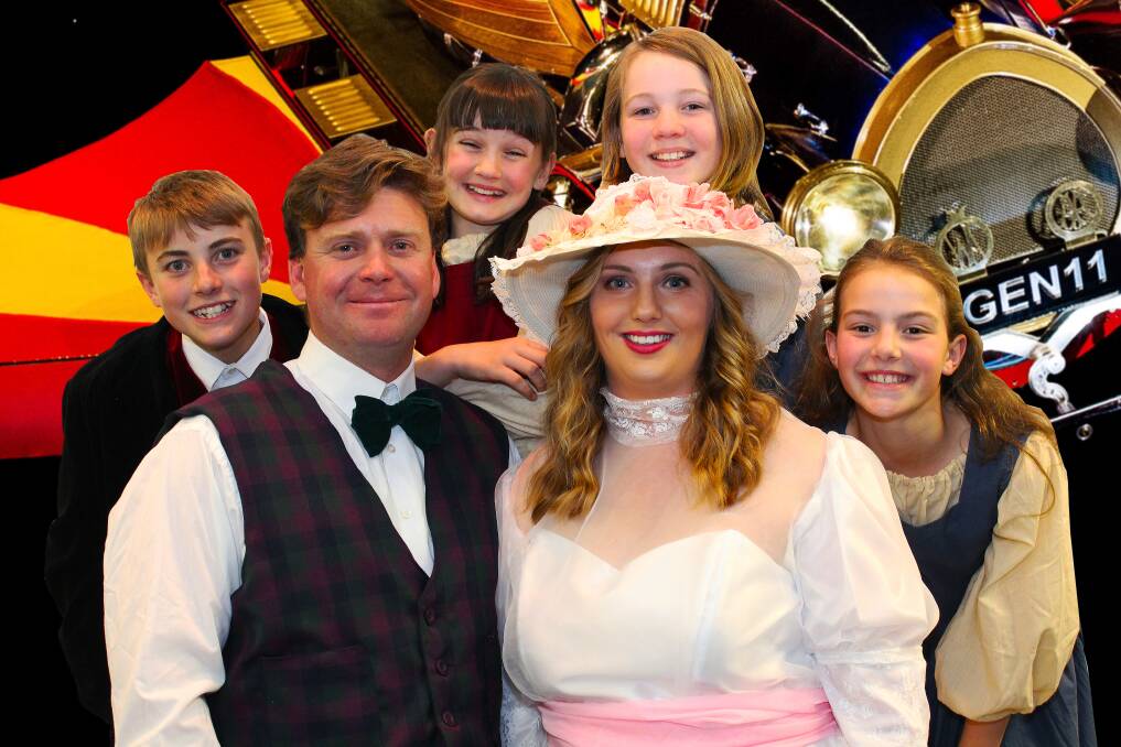 LIFT-OFF: 'Chitty Chitty Bang Bang' leads Simon Castle and Hannah Greenshields with their young co-stars, from left, Callum Hobson, Edana Bauers, Jack Fryer and Chloe McWilliam. Picture: Duane Shore WMTC