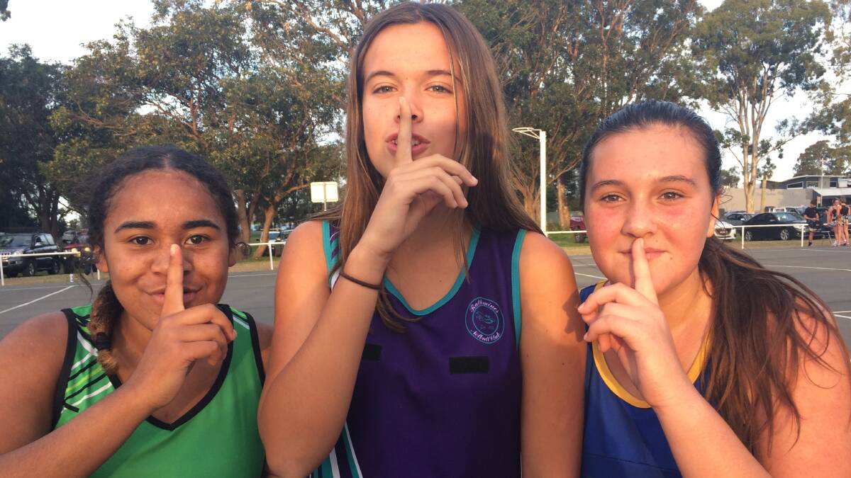 OUR GAME: Westlakes netball players, from left, Olivia Hebei, Ella Geach and Bree Carrall help deliver the 'Shoosh for Kids Week' message. Picture: Supplied