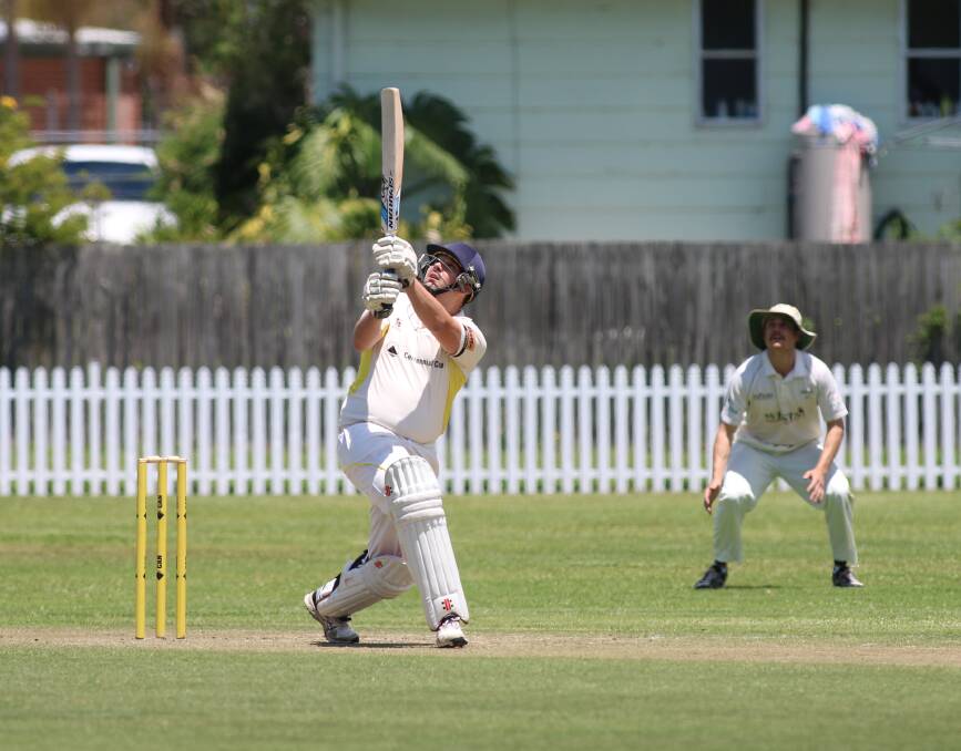 AERIAL: Corey Piccirillo goes high over midwicket during his entertaining partnership with Ray Steadman at the end of Toronto's innings at Ron Hill Oval on Saturday. Picture: David Stewart 
