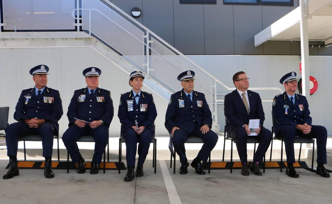 TOP BRASS: Police Minister Troy Grant with high-ranking officers at the opening of Morisset police station on Wednesday. Picture: David Stewart