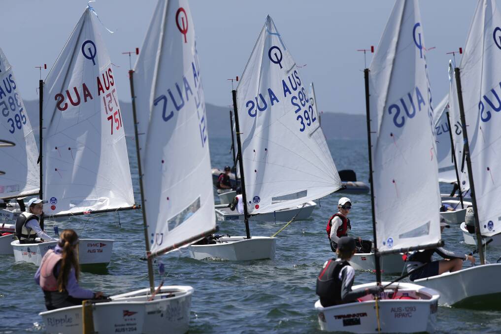 FUTURE CHAMPS: Optimist dinghy racing is an international class for young sailors, and the training ground for Olympic and America's Cup competitors. Lake Macquarie will host the state titles for the first time on March 19 and 20. Picture: John Veage