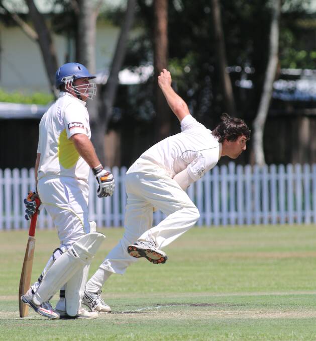 HE'S BACK: Joe Price bowls to Adrian Chad as Toronto skipper Paul Toole backs up at Ron Hill Oval on Saturday. Picture: David Stewart