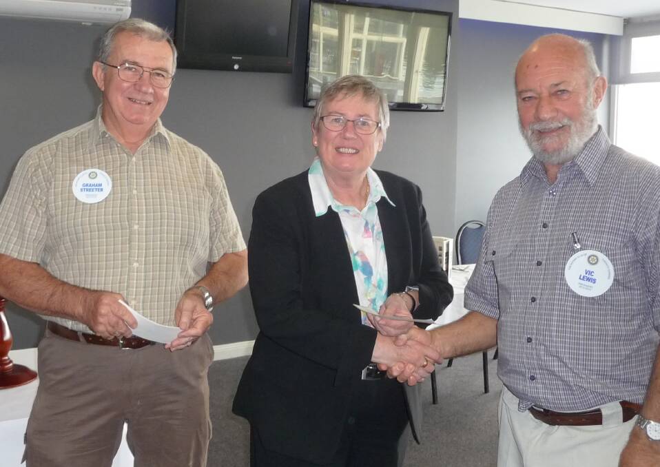 CHEQUE PRESENTATION: Rotary Club of Toronto Sunrise president Graham Streeter, left, with vice-president Vic Lewis, and Marcia Fogerty of Hunter New England Health. Picture: Supplied