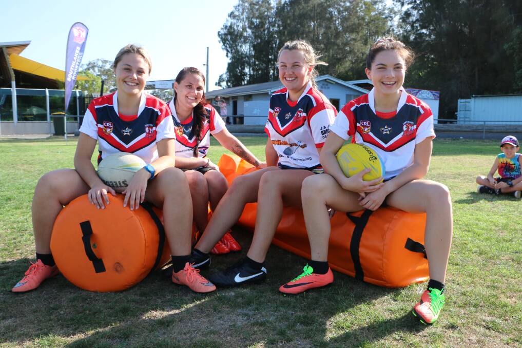 IN TRAINING: Southlakes players, from left, Chelsea Bradney (16s), Sarah Griffin (opens), Chelsea Brandner (14s) and Dannielle Agar (16s) at Dora Creek on Friday. New players are invited to join a Roosters' team. Picture: David Stewart