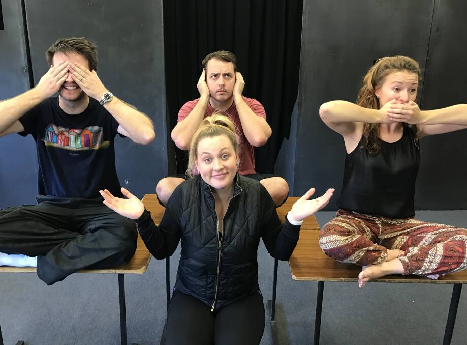 MONKEY BUSINESS: Director Louisa Newton with her trio of stars from 'Words, Words, Words' which is being performed at Newcastle's Civic Playhouse this week.