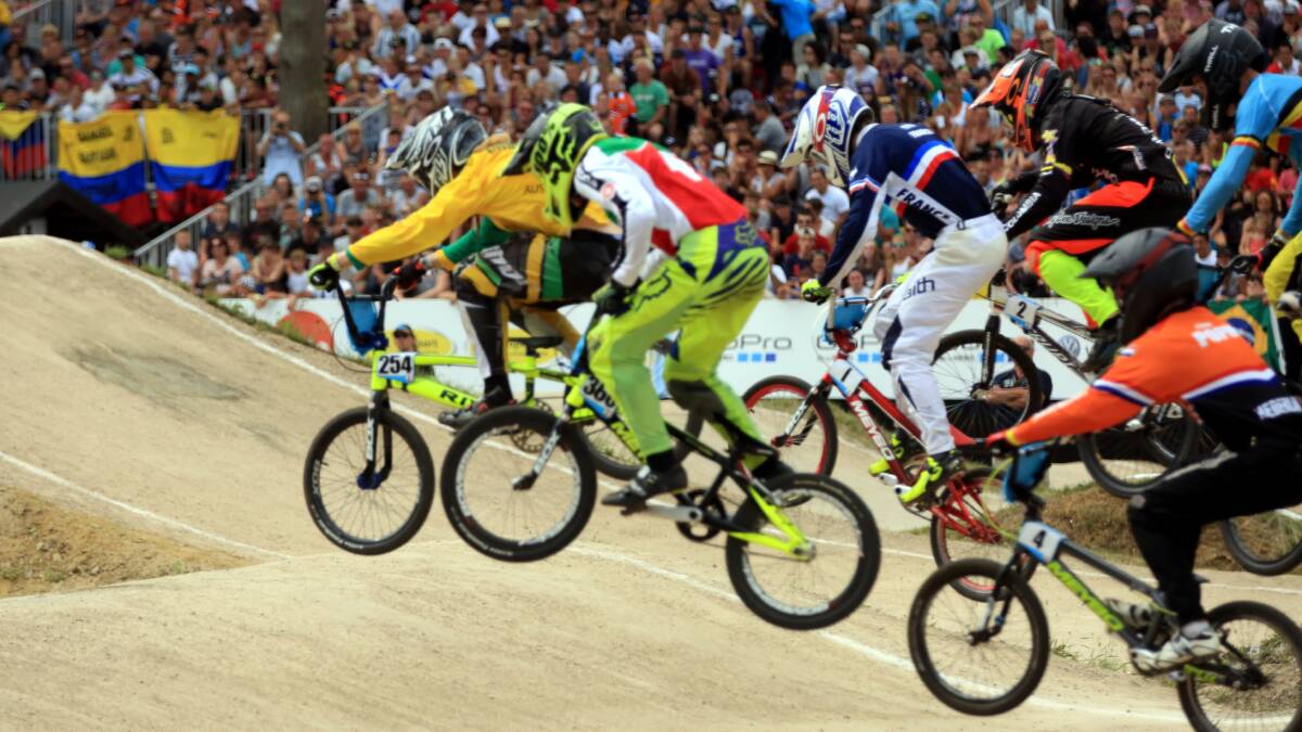 DEFENDING CHAMP: LAKE Macquarie BMX Club’s Nathaniel Rodway on his way to victory at the 2015 BMX World Championships, in Zolder, Belgium. Picture: Supplied