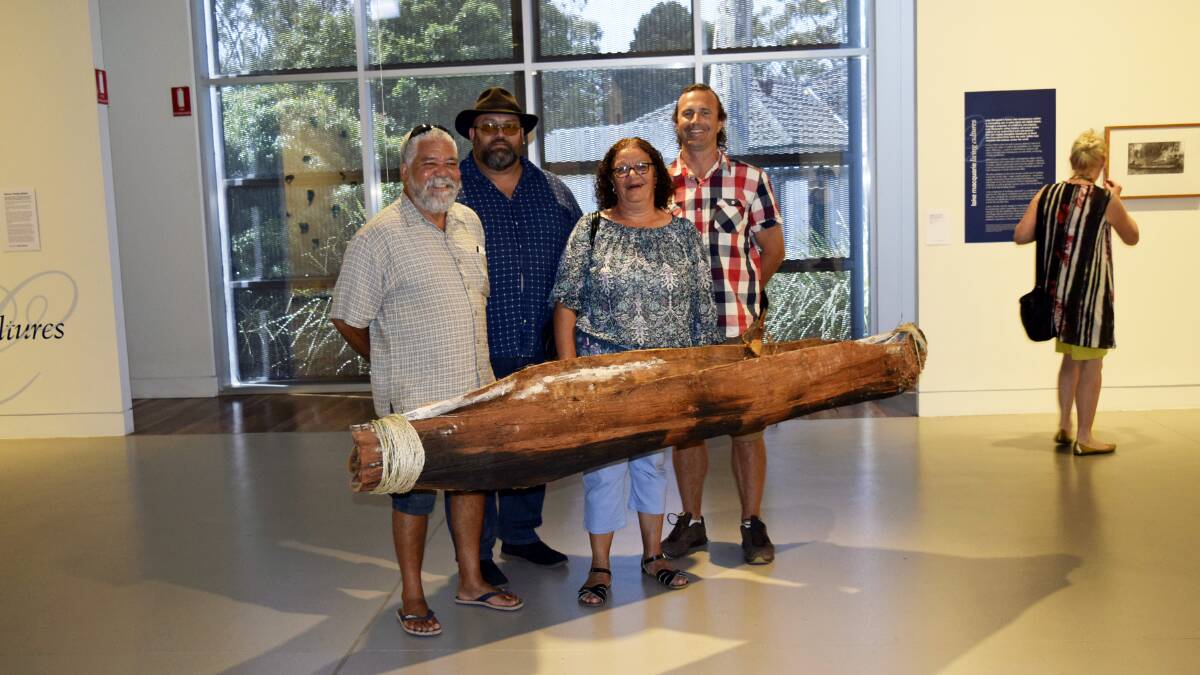 CELEBRATED: Canoe makers Doug Archibald, Scott Luschwitz and Selena Archibald with exhibition artist Luke Beezley at the art gallery. Picture: Supplied