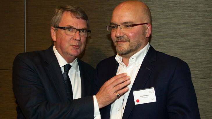 Lynton Crosby, left, and Mark Textor after addressing the Australian British Chamber of Commerce at The Westin Hotel, Sydney. 6th August 2015 Photo: Janie Barrett