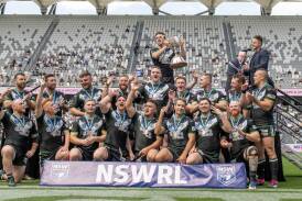 Newcastle RL premiers Maitland celebrate last year's President's Cup victory during NSWRL grand final day at CommBank Stadium. Picture by Bryden Sharp