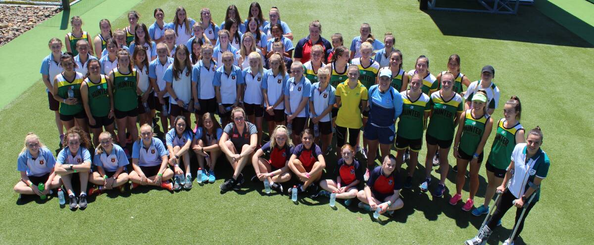 SUPPORT: Elite sportswomen Erin McKinnon, Erin Cleaver, Maisy Gibson and Chloe Logarzo with students from Lake Macquarie high schools.