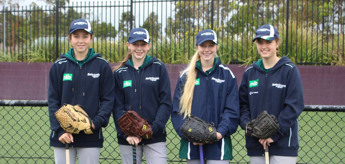 GAME TIME: Hunter Academy of Sport softballers Grace Wrixon, Hannah Olive, Nicole Coubrough and Mikayla Halliday-Norri.