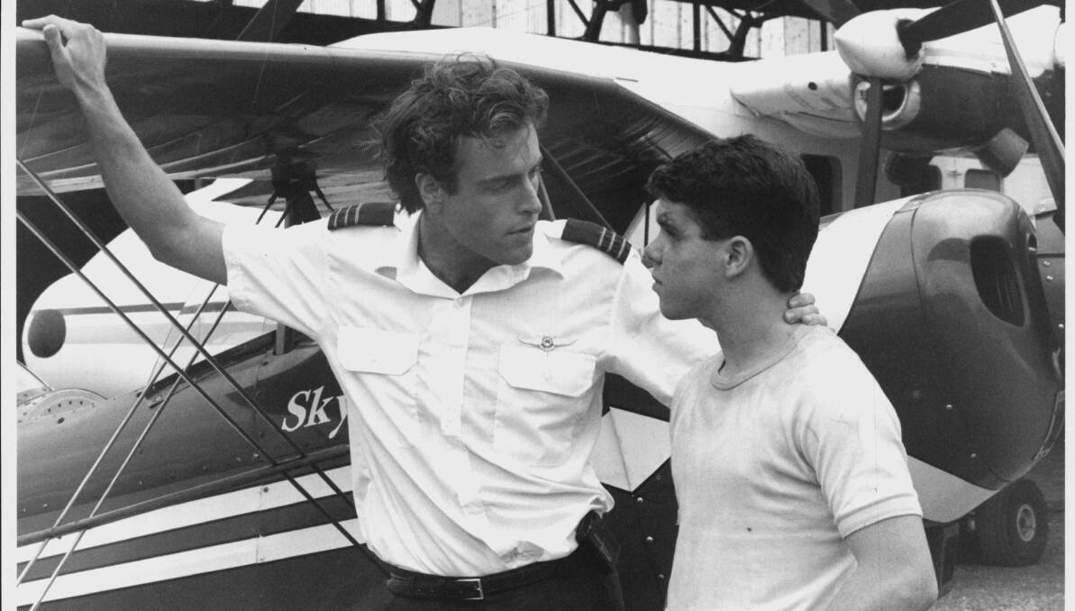 New pilot John 'Johnno' Johnson (Christopher Stollery) admonishes young flying buff Matt Coulson (Emil Minty) after a joyride goes horribly wrong, in Channel 9's "The Flying Doctors".