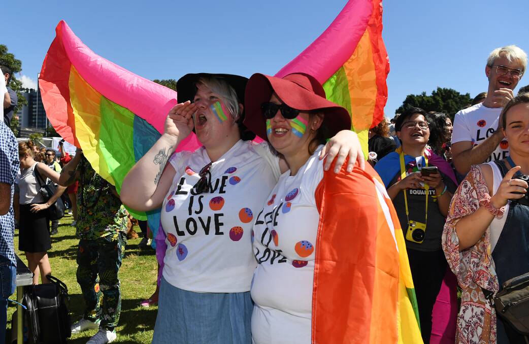 Cheers: Same-sex marriage supporters cheer after the postal survey results with a resounding "Yes" vote are called. 
