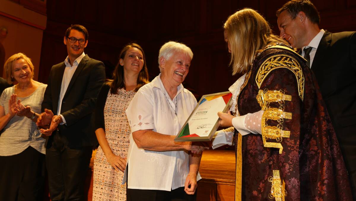 Sister Di receiving her Newcastle Citizen of the Year award on Australia Day 2017.