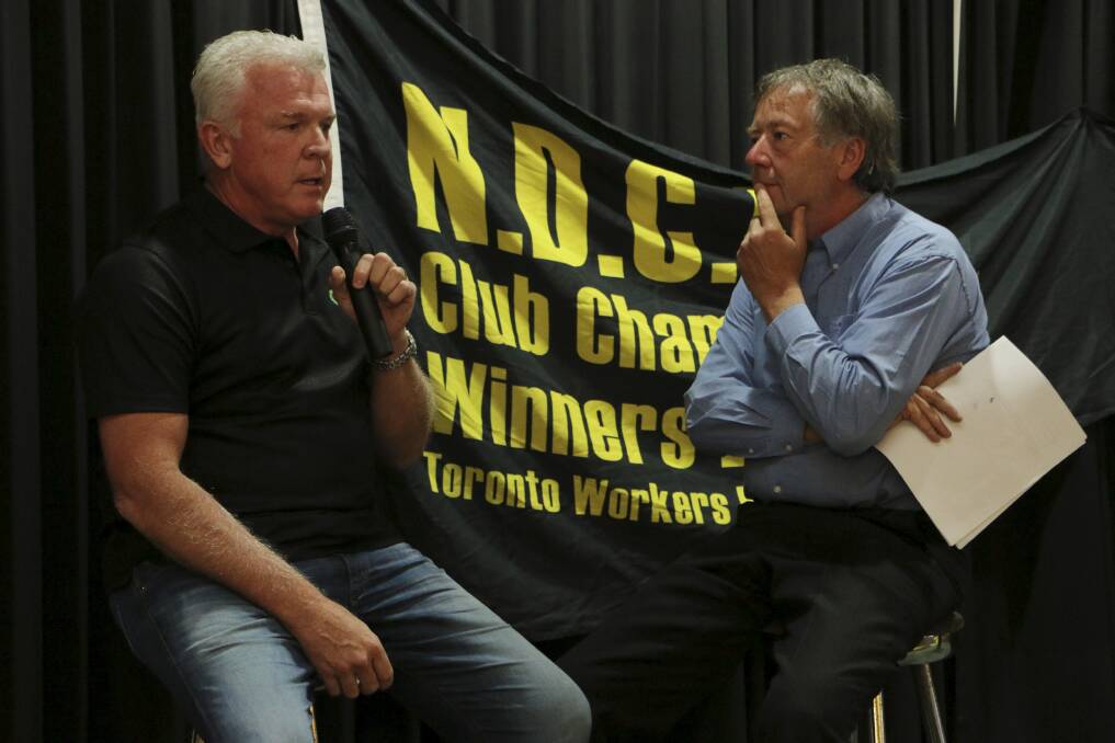FAST TALK: Craig McDermott interviewed by Paul Turton during the sportsman's lunch at Toronto on Friday. Picture: David Stewart