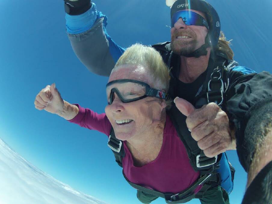 NO FEAR: Port Lincoln woman Peggy-Lea Napper and instructor Paul Newbury freefell for 3000 feet before a perfect landing.