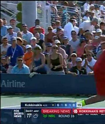 Thanasi Kokkinakis throws his racquet into the ground in frustration. Photo: Screengrab