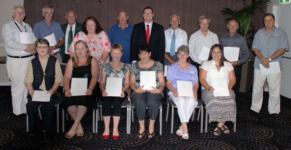 THANK-YOU: Charlton Volunteer Award recipients. Pictured back, from left, Alwyn Stuckey, John Gill, Arthur Tumeth, Lorraine Doolan, Ross Connolly, Member for Charlton Pat Conroy, Alec Howard, Jason Harvey (on behalf of Lois Simpson), Albert Roberts, and David Price. Front row, from left, Annette Stuckey, Belinda Allan, Tracey Green, Joan Cantwell, Lynette Radley, and Margo Humphries.