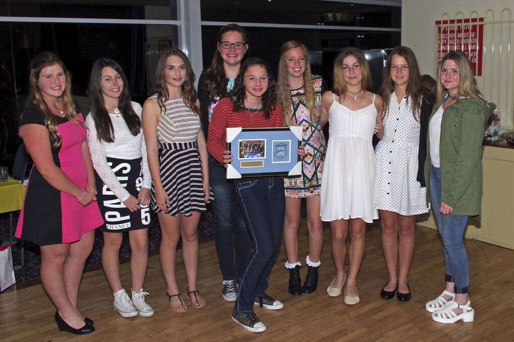 RECOGNISED: Westlakes under-14s display the award from their runners-up placing at the 2014 Netball NSW Hunter State League.