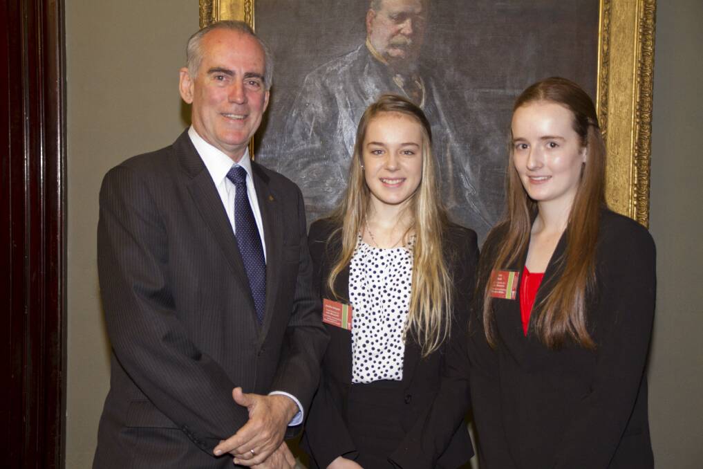 LEADERS: Jessika Holgate and Zoe Bunt caught up with Member for Lake Macquarie Greg Piper during their time at NSW Parliament House.