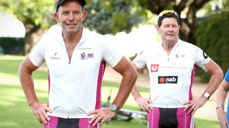 Mr Abbott and former defence minister Kevin Andrews in Forbes during the 2016 Pollie Pedal tour. Photo: Alex Ellinghausen