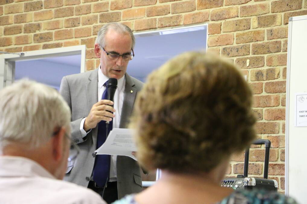 QUALIFIED SUPPORT: Member for Lake Macquarie Greg Piper gives his view at the meeting. Picture: Jamieson Murphy.