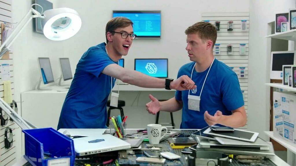 The Samsung YouTube advertisements portray the mishaps of two "genius" employees in an Apple-like store. Photo: Samsung