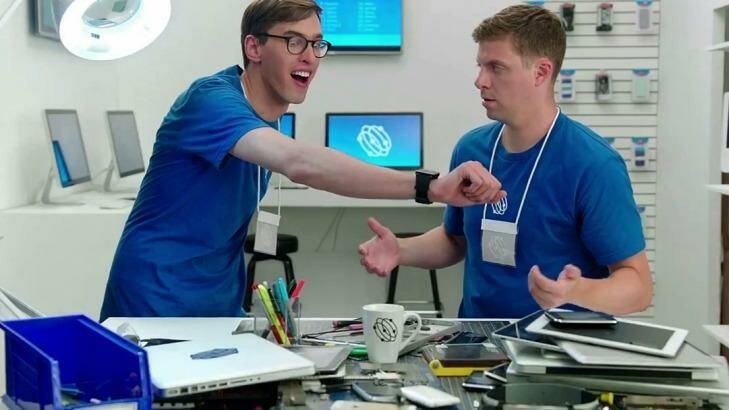 The Samsung YouTube advertisements portray the mishaps of two "genius" employees in an Apple-like store. Photo: Samsung