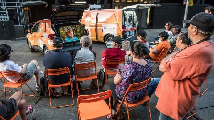 Mobile laundry founders, Nicholas Marchesi and Lucas Patchett's latest initiative is a vehicle filled with folding chairs and a large screen equipped with mobile and internet technology.  Photo: Wolter Peeters