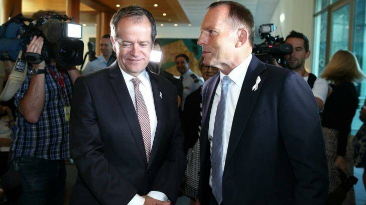 Opposition Leader Bill Shorten and Prime Minister Tony Abbott on Tuesday morning. Photo: Alex Ellinghausen