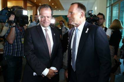 Opposition Leader Bill Shorten and Prime Minister Tony Abbott on Tuesday morning. Photo: Alex Ellinghausen