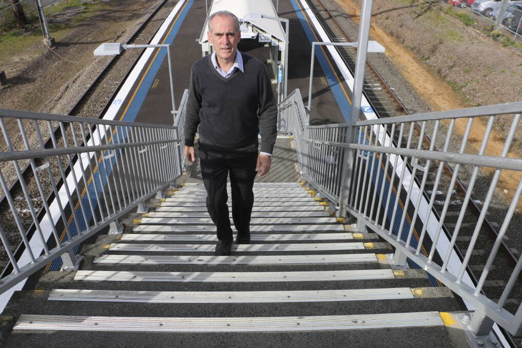 FALL SITE: MP Greg Piper wants action on Wyee station, where an 80-year-old man was seriously injured when he fell on the steep steps. The fall led to the man developing pneumonia, which caused him to have a heart attack.Picture: Jamieson Murphy