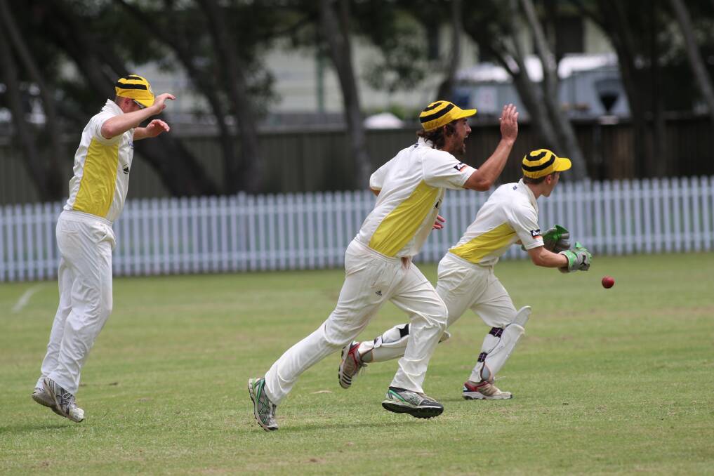 CAUGHT BEHIND: Toronto wicket-keeper David McCredie lobs the ball to the square-leg umpire after catching Hamwicks batsman Jason Keelan off the bowling of Ashley Weekes, as slip fielders Greg Hunt, left, and Joe Price join the celebrations.Picture: David Stewart