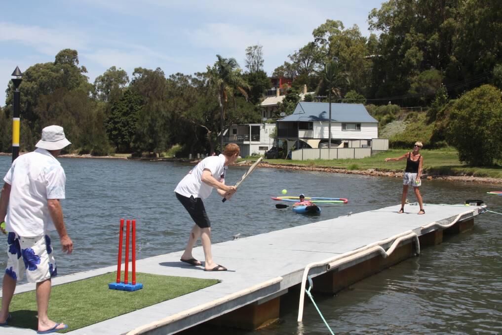 DRY RUN: A practice session was held on Sunday for the cricket game at Toronto. The pontoon will be towed further out into the lake for the big match on Australia Day. Picture: Dave Beesley