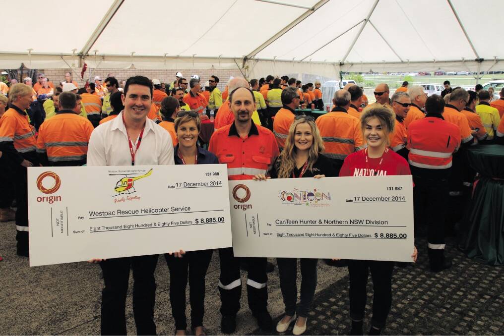 DONATION: Pictured at the Eraring presentation are, from left, Adam Tyrrell of the Westpac Rescue Helicopter Service, Emma Sing of CanTeen, acting power station manager Chris Brucki, and Jennifer King and Elivia Brooks of CanTeen.