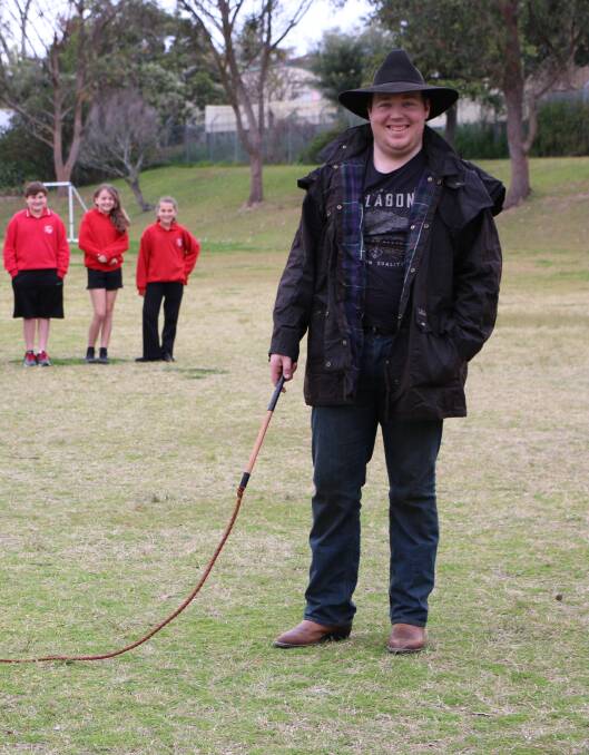 DROVER: Andrew Webeck gives the students a whip cracking lession. Picture: Jamieson Murphy