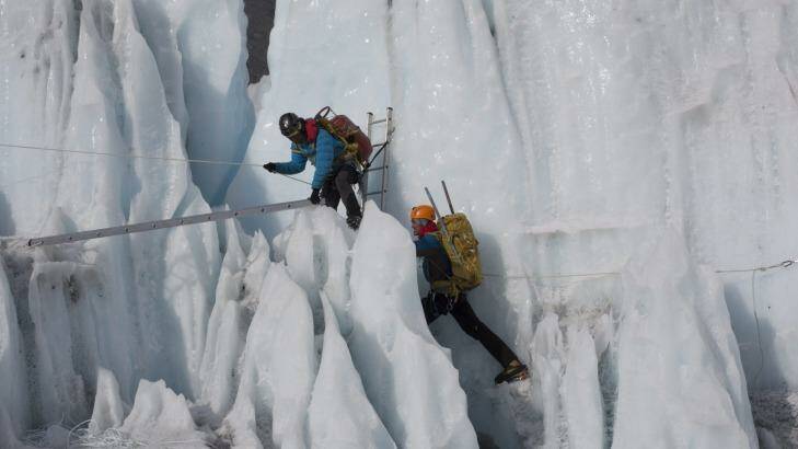 Sherpas training in the Khumbu ice fall in the film <i>Sherpa</i>.  Photo: Ian Iveson.