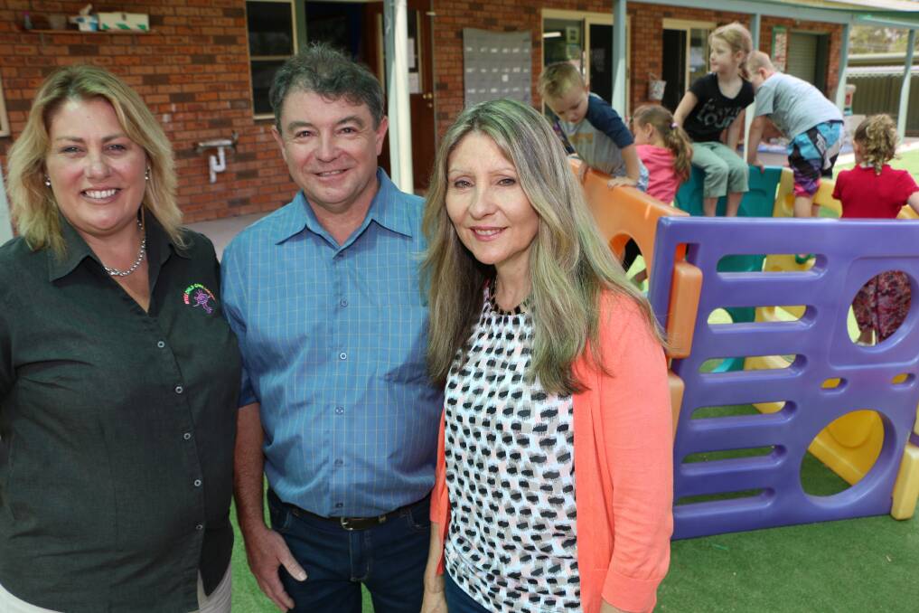 BRIGHT FUTURE: Wyee Childcare Centre director Peta Rhodes, left, and the centre’s owners Karen and Ian O’Connor think the sewerage connection will bring more business to the town.  Picture:  Jamieson Murphy