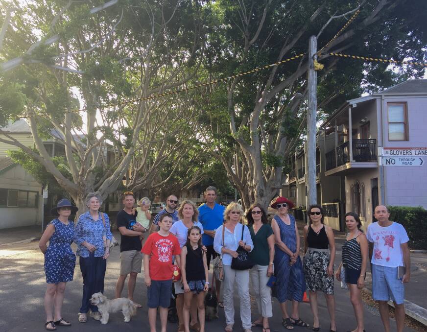 Goodbye: Some of the Cooks Hill residents who gathered to say farewell to the Council Street fig trees on Tuesday evening. 